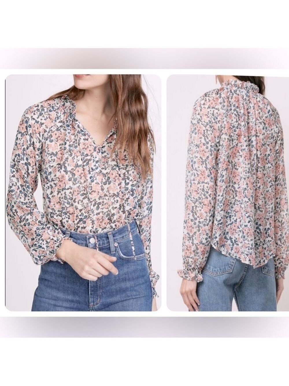 VERONICA BEARD Antonette White Floral Print Ruffled 100% Silk Blouse Size 4